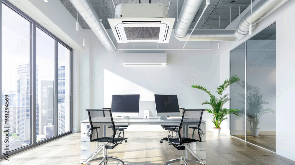 Poster modern office interior featuring bright workspace with two computer desks, large windows, and potted