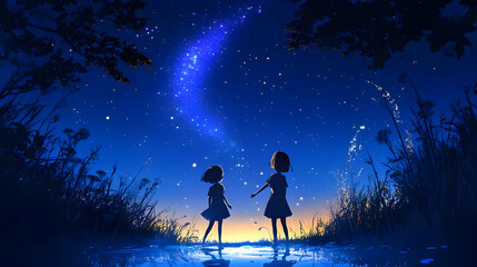 Obraz premium Girls Gaze Up at Night Sky with Stars & Galaxy