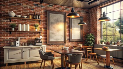 Interior of a cozy coffee shop with a vintage poster on the wall, cafe, coffee shop, vintage, poster, decoration