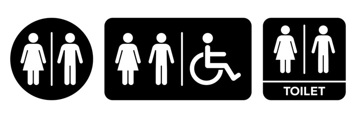 Toilet line icons set. Men and women restroom icon sign right arrow. Disabled wheelchair icon. Vector Illustration