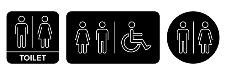 Toilet line icons set. Men and women restroom icon sign right arrow. Disabled wheelchair icon. Vector Illustration