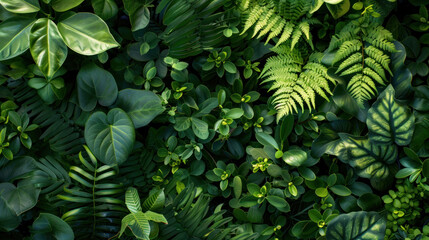Lush green foliage creates vibrant and serene atmosphere, showcasing variety of plants and leaves. This rich tapestry of greenery evokes sense of tranquility and connection to nature