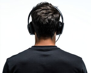 Man with headphones listening to music from behind.