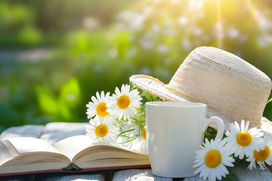 beautiful daisies in white cup, book, braided hat in summer garden. Rural landscape natural background with Chamomile flowers in sunlight. Summer time. copy space