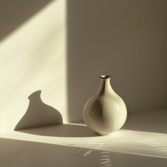 A minimalist vase casts soft shadow on light wall, creating serene atmosphere. gentle curves and subtle colors enhance tranquil setting