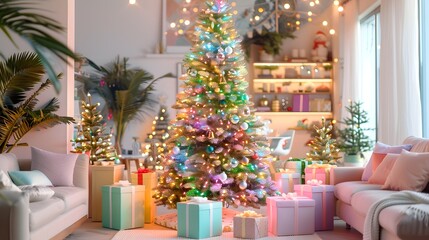 Beautifully Lit Christmas Tree with Colorful Gifts in Cozy Living Room