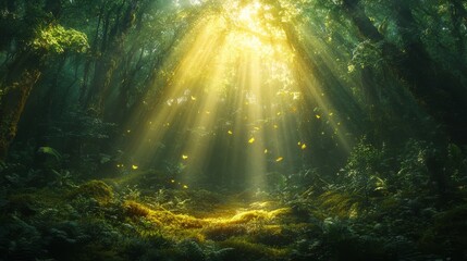 Obraz premium Sunlight Filtering Through a Lush Rainforest Canopy with Butterflies in Flight