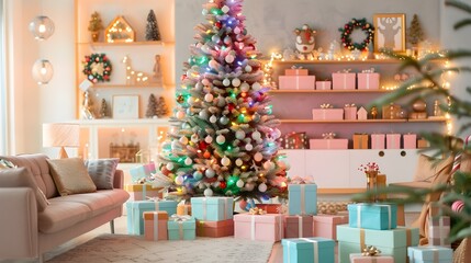 Beautifully Lit Christmas Tree with Gifts in Cozy Living Room