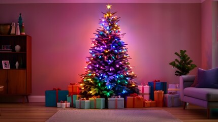 Beautifully Lit Christmas Tree with Colorful Gifts in Cozy Living Room