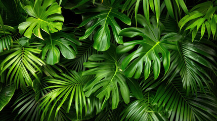 Lush green tropical leaves create vibrant and serene backdrop, showcasing various textures and shapes that evoke sense of tranquility and natures beauty