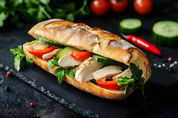 Half of a baguette with chicken, leaf salad, cucumber, pepper, and tomatoes in a dark background