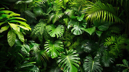 Lush green foliage fills frame, showcasing variety of tropical plants and leaves. vibrant greens create serene and refreshing atmosphere, perfect for nature lovers