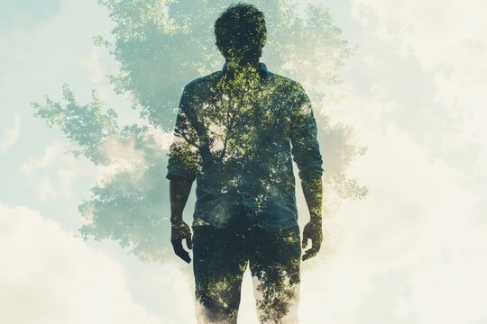 Silhouette of a man merged with nature - double exposure art