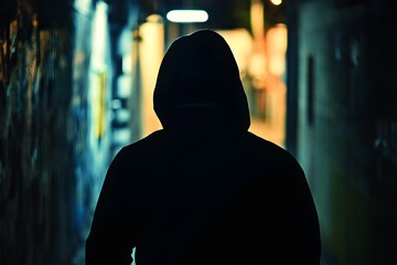Suspicious man. Silhouette of criminal. Stalker or anonymous stranger. Gang crime, teenage gangster or thief. Dark urban street alley. Face hidden in shadow. Scary figure at night. Grunge background 