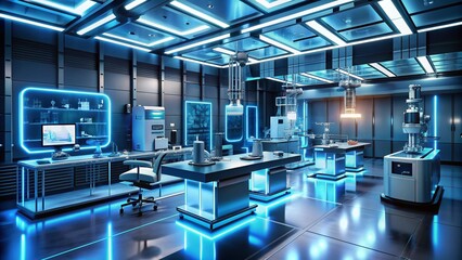 Futuristic laboratory with sleek robotics, glowing blue circuits, and futuristic gadgets, epitomizing cutting-edge technology and creative genius in a modern research facility setting.