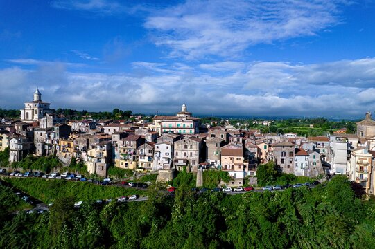 Aerial view of a charming Italian town with historical buildings and lush greenery. Zagarolo