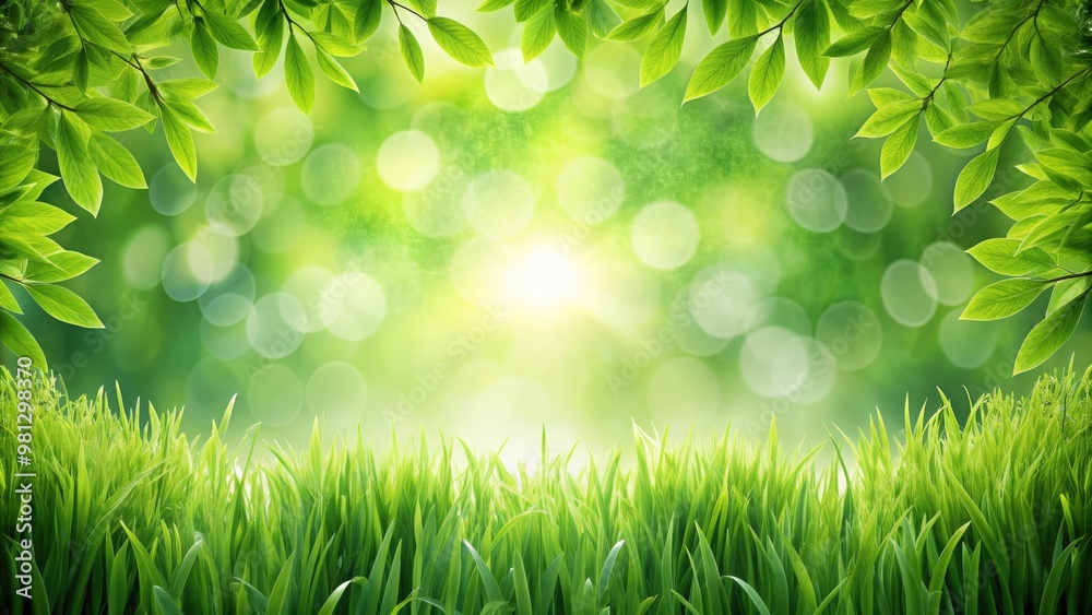 Wall mural Juicy lush green grass and leaves frame on spring summer meadow with soft focus background, Nature, outdoors, sunny