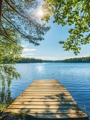 Obraz premium Traditional Finnish and Scandinavian view. Beautiful lake on a summer day and an old rustic wooden dock or pier in Finland. Sun shining on forest and woods in blue sky