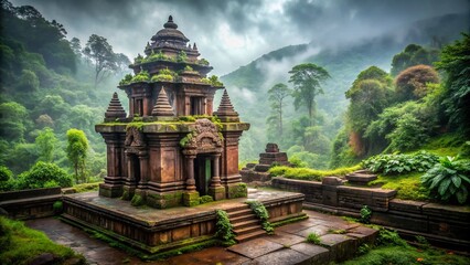Ancient stone monument with intricate carvings and sculptures stands proudly amidst lush greenery, surrounded by a misty atmosphere, evoking a sense of mystique and forgotten eras.