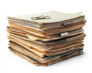 Stack of Old Paper Files with Binder Clip.