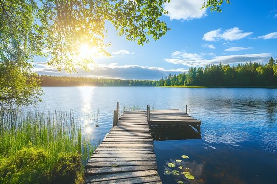 Traditional Finnish and Scandinavian view. Beautiful lake on a summer day and an old rustic wooden dock or pier in Finland. Sun shining on forest and woods in blue sky