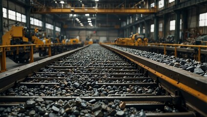 Conveyor belt moving rocks in an industrial setting with machinery in the background.