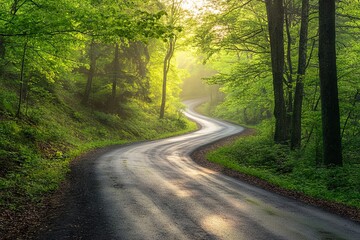 Winding Forest Road in Spring with Green Trees and Misty Morning Light. AI generated illustration