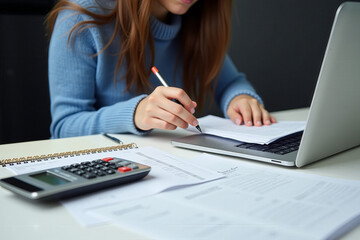 A young professional reviewing documents while working on a laptop, with a calculator and pencil on the desk. The setting suggests a modern office or home workspace, focusing on concentration and prod