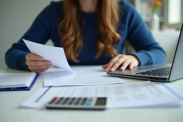 A young professional reviewing documents while working on a laptop, with a calculator and pencil on the desk. The setting suggests a modern office or home workspace, focusing on concentration and prod