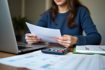 A young professional reviewing documents while working on a laptop, with a calculator and pencil on the desk. The setting suggests a modern office or home workspace, focusing on concentration and prod
