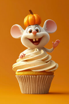 Naklejki 3D cartoon mouse with pumpkin hat sitting on cupcake, birthday party, candy bar, and playful celebration.