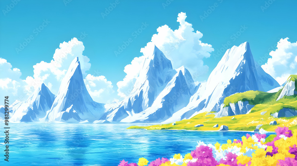 Poster Mountain Lake with Snow-capped Peaks and Flowers