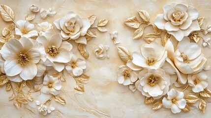 Vintage 3D Wallpaper with White Flowers and Golden Elements on a Beige Background -- AI generated illustration