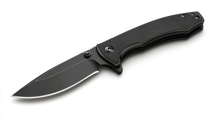 Fototapeta premium A sleek black folding knife showcasing precision engineering and a sharp blade, ideal for outdoor and everyday carry, white background