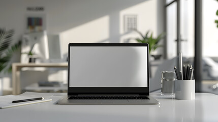 Front view of a laptop on a white table, with nearby document paper and pencil holder; modern office workplace