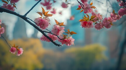 Obraz premium Central Park in bloom with Midtown Manhattan skyline image 