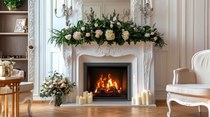 Elegant Living Room with Floral Decor and Classic Fireplace Ambiance