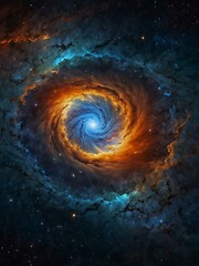 Cosmic vortex of swirling blue and orange energies in deep space.