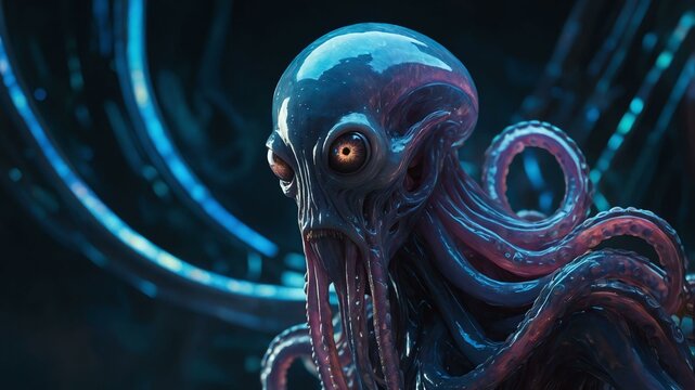 a glitchy exotic tentacled alien swirls with image