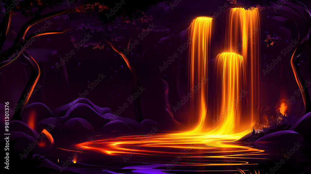 Poster Glowing Waterfall in a Dark Forest - Fantasy Landscape Illustration