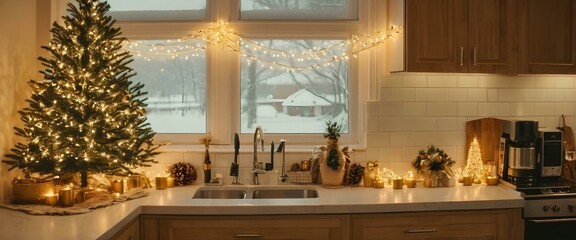 Cozy new year decor in kitchen or dinning room. Plenty of lights. AI generated
