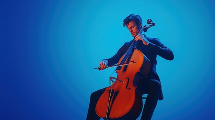 Fototapeta premium a man engrossed in playing the cellos, positioned to the left of the frame against a solid light blue background