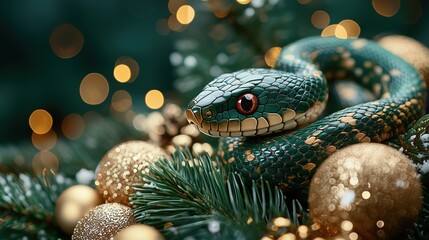 Fototapeta premium A Green Wooden Snake, holiday composition for happy and joy celebrate New Year, black bokeh background