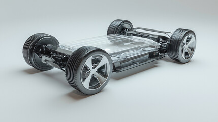 A transparent electric vehicle frame showcasing a glowing battery system and components.