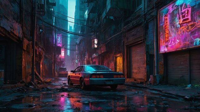 a neonlit cyberpunk street where decaying bea image