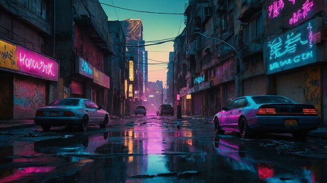 a neonlit cyberpunk street where decaying bea image