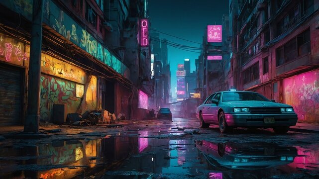 a neonlit cyberpunk street where decaying bea image