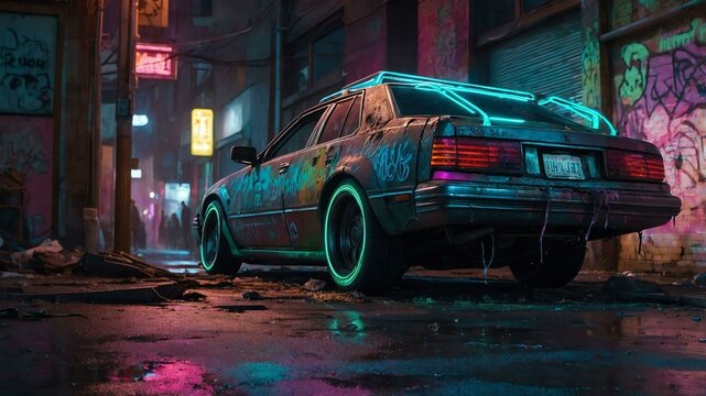 a neonlit cyberpunk street where decaying bea image