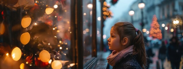 In a busy city street, a young girl is captivated by a festive holiday window display adorned with lights and ornaments, creating a cheerful and festive atmosphere filled with joy and excitement