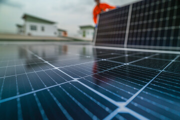 engineer man inspects construction of solar cell panel or photovoltaic cell by electronic device. Industrial Renewable energy of green power. factory worker working on tower roof.